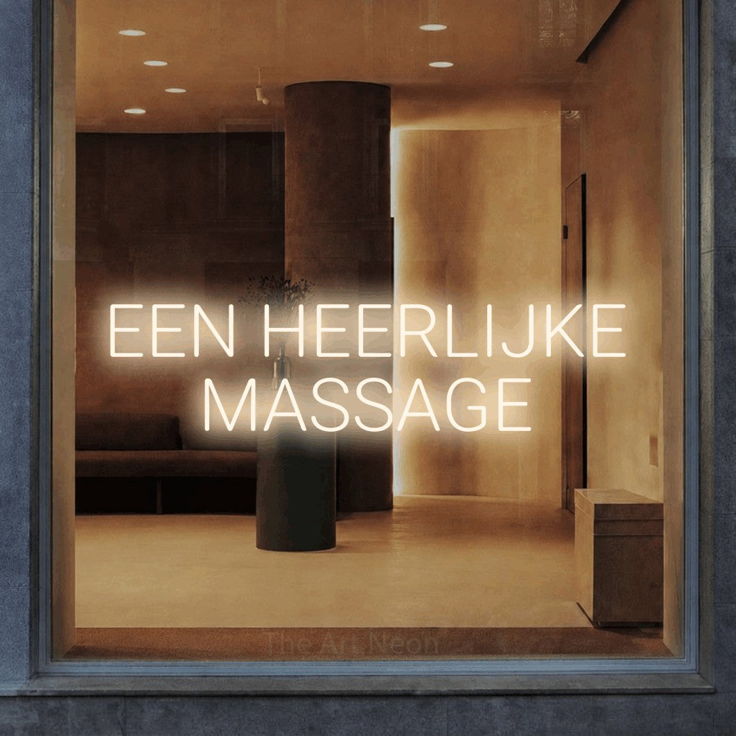 LED neon sign reading “EEN HEERLIJKE MASSAGE”, arranged in 2 lines.