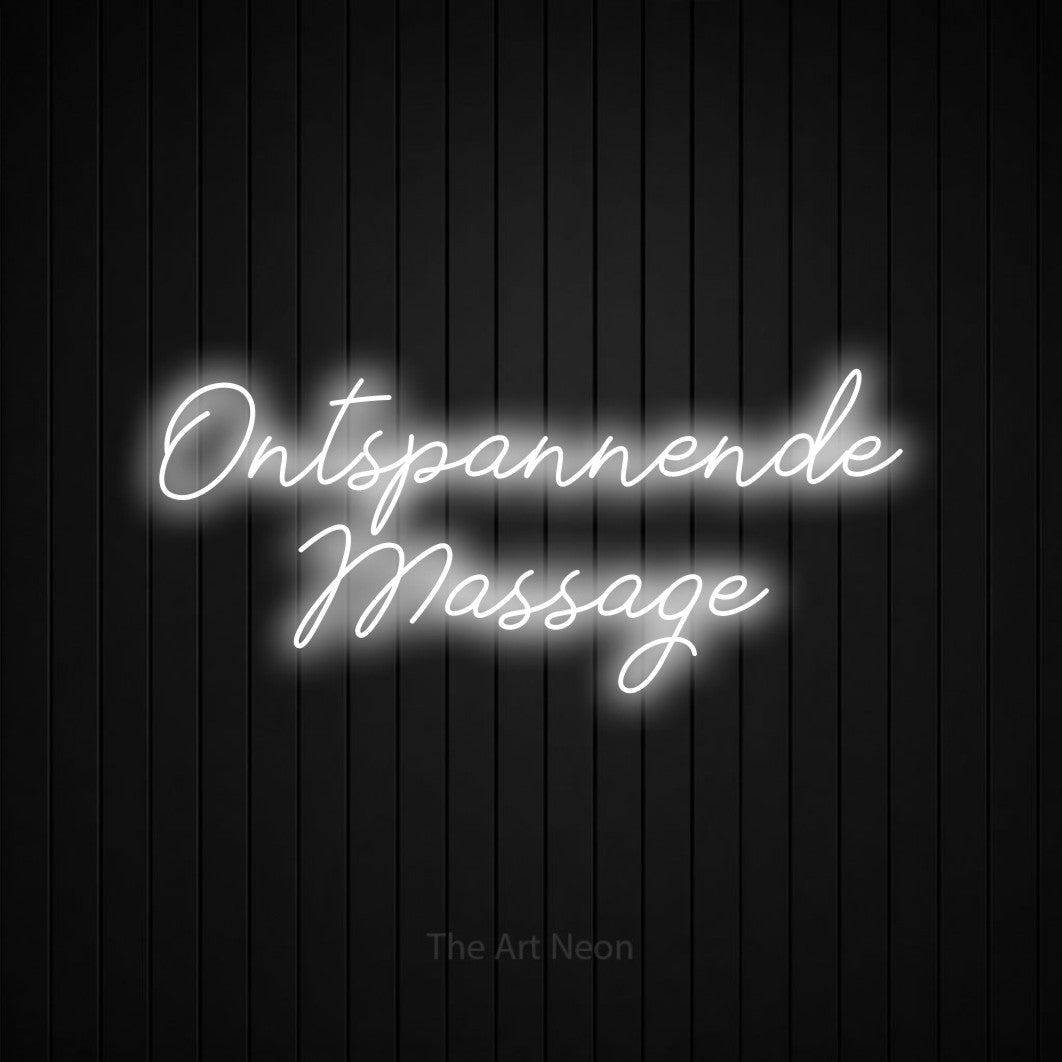 LED neon sign reading “Ontspannende Massage”, arranged in 2 lines.
