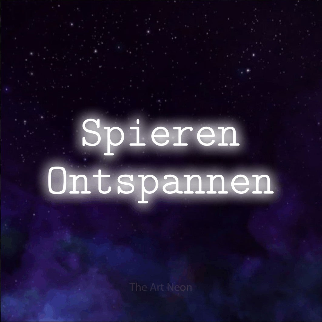 LED neon sign reading “Spieren Ontspannen”, arranged in 2 lines.