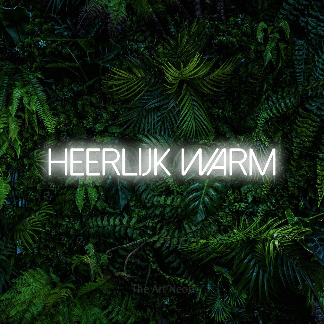 LED neon sign reading “Heerlijk Warm”, arranged in a single line.