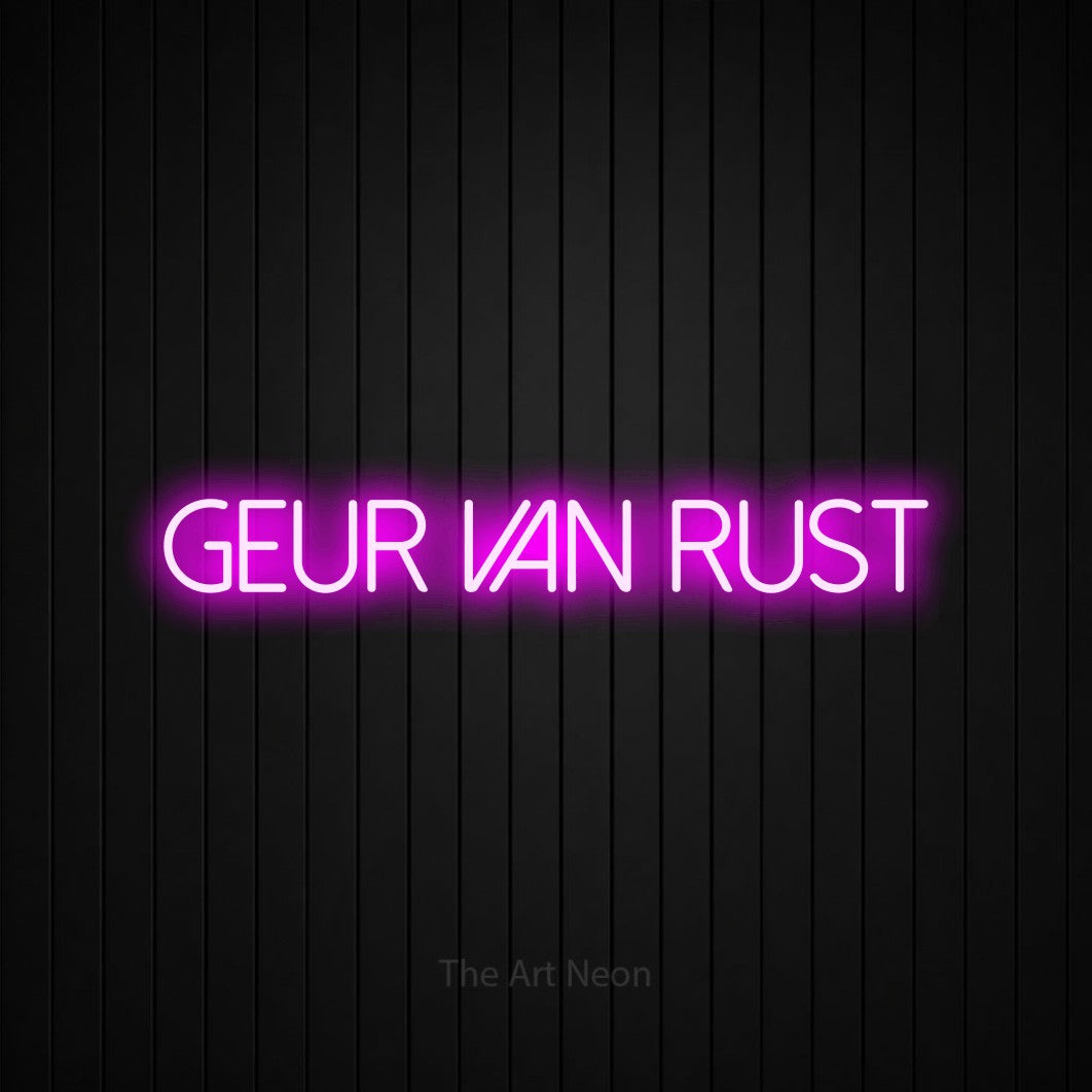 LED neon sign reading “Geur Van Rust”, arranged in a single line.