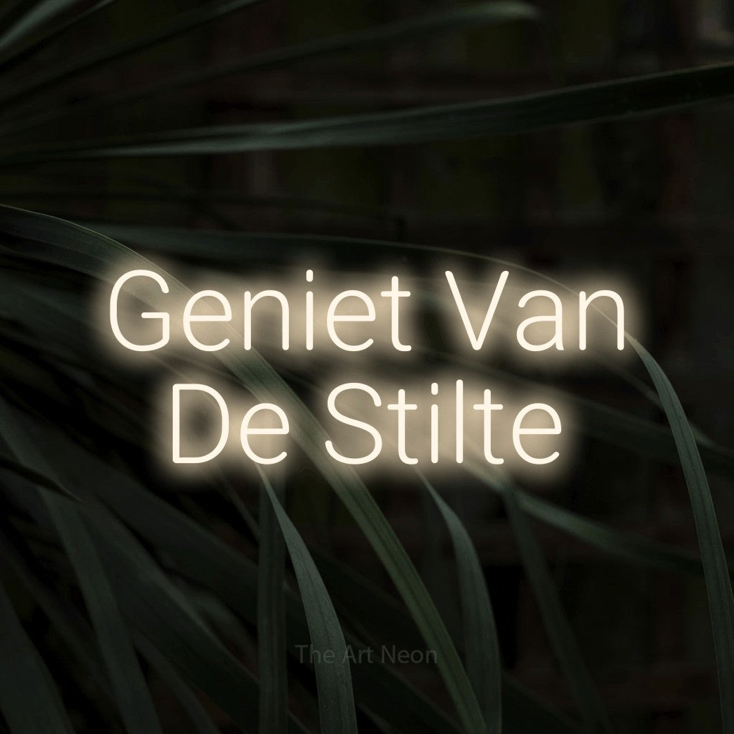 LED neon sign reading “Geniet Van De Stilte”, arranged in 2 lines.