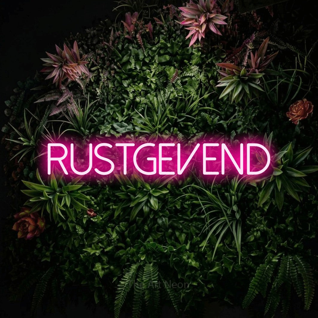LED neon sign reading “Rustgevend”, arranged in a single line.