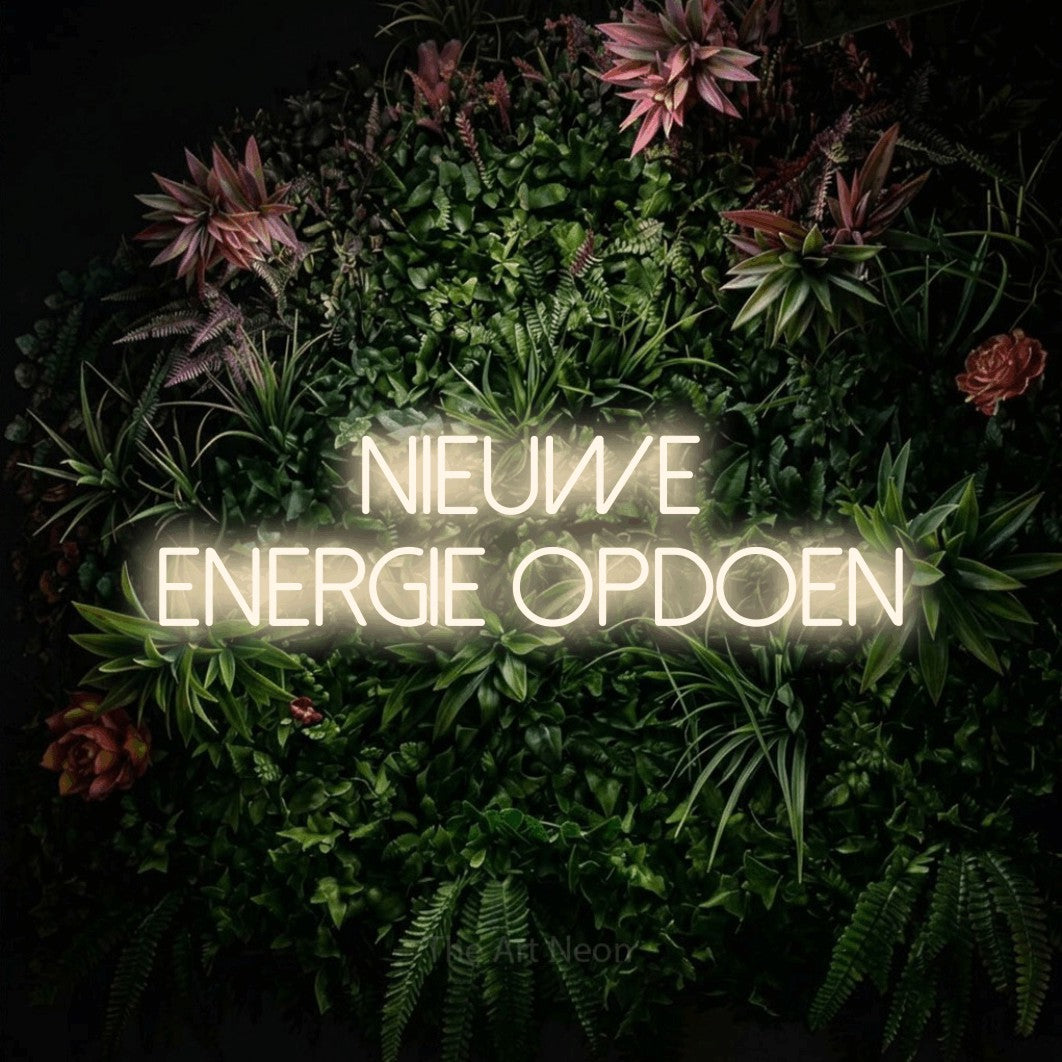 LED neon sign reading “NIEUWE energie opdoen”, arranged in 2 lines.