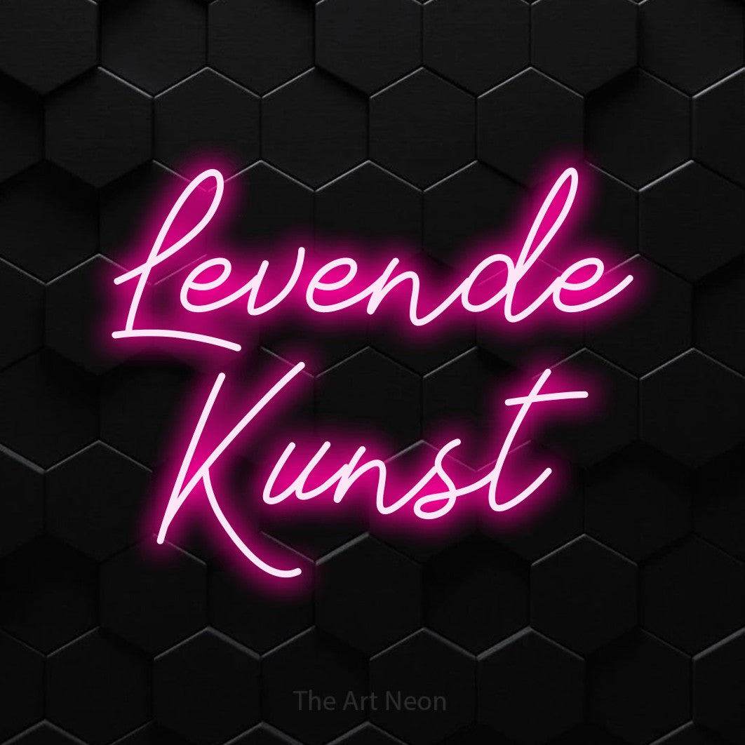 LED neon sign reading “Levende Kunst”, arranged in 2 lines.