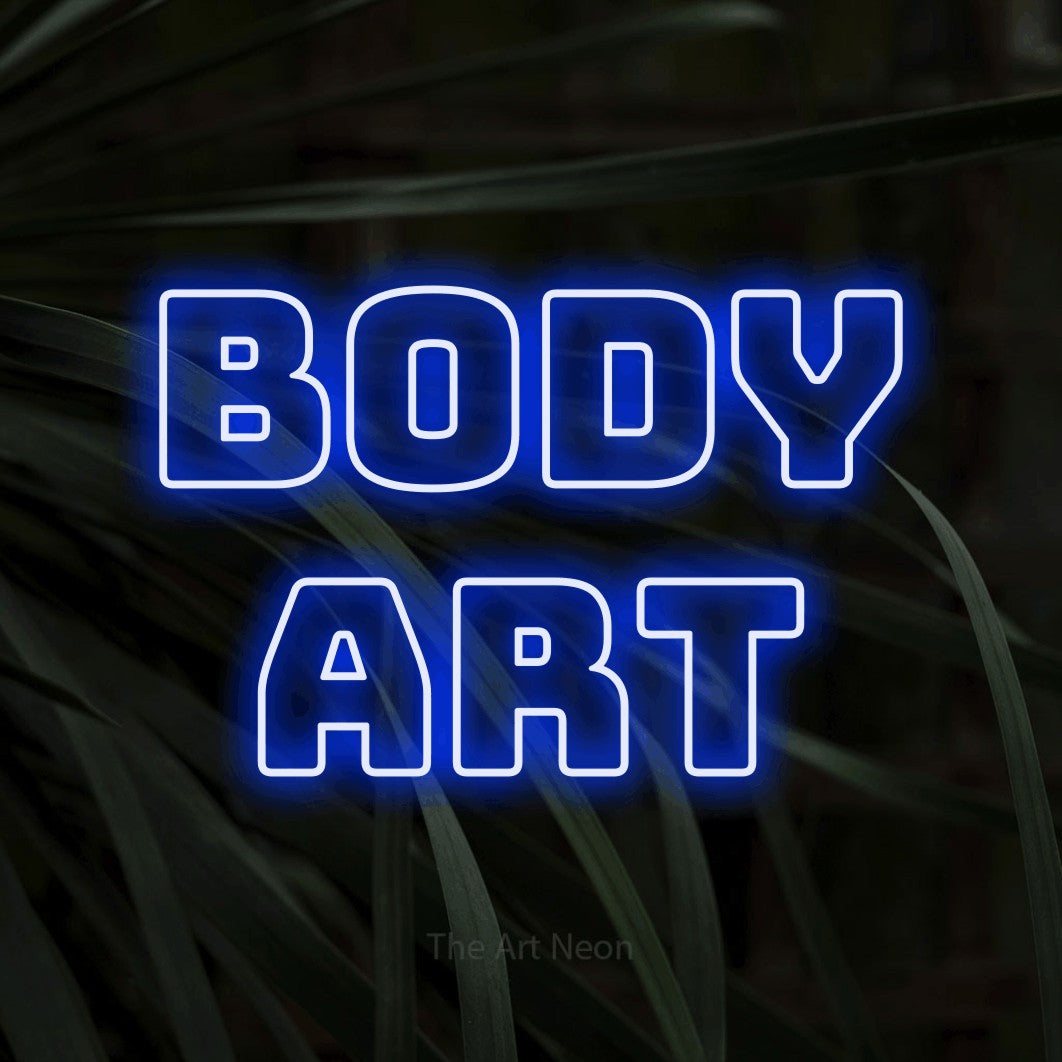 LED neon sign reading “BODY ART”, arranged in 2 lines.