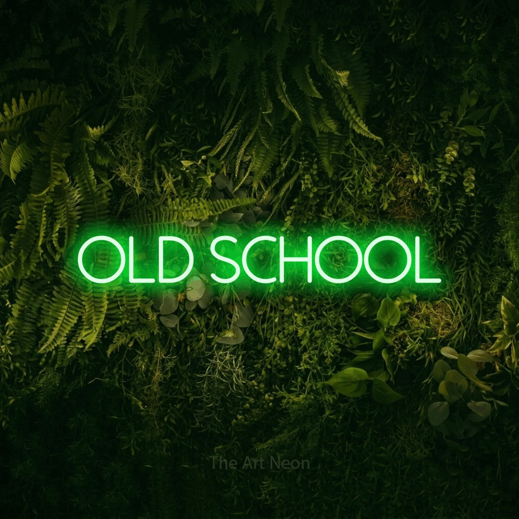 LED neon sign reading “old school”, arranged in a single line.