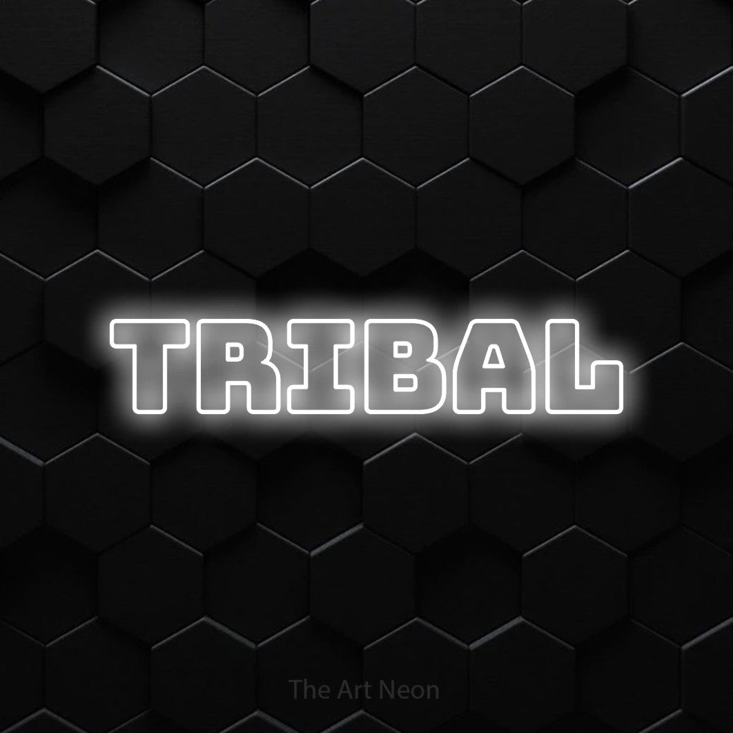 LED neon sign reading “tribal”, arranged in a single line.