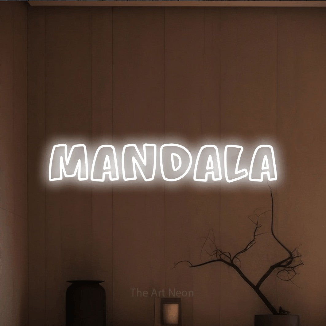 LED neon sign reading “Mandala”, arranged in a single line.
