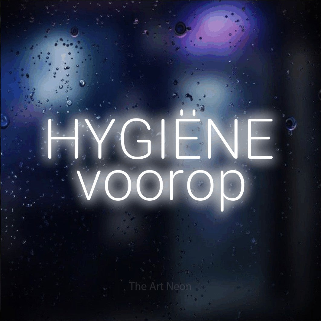 LED neon sign reading “HYGIËNE voorop”, arranged in 2 lines.