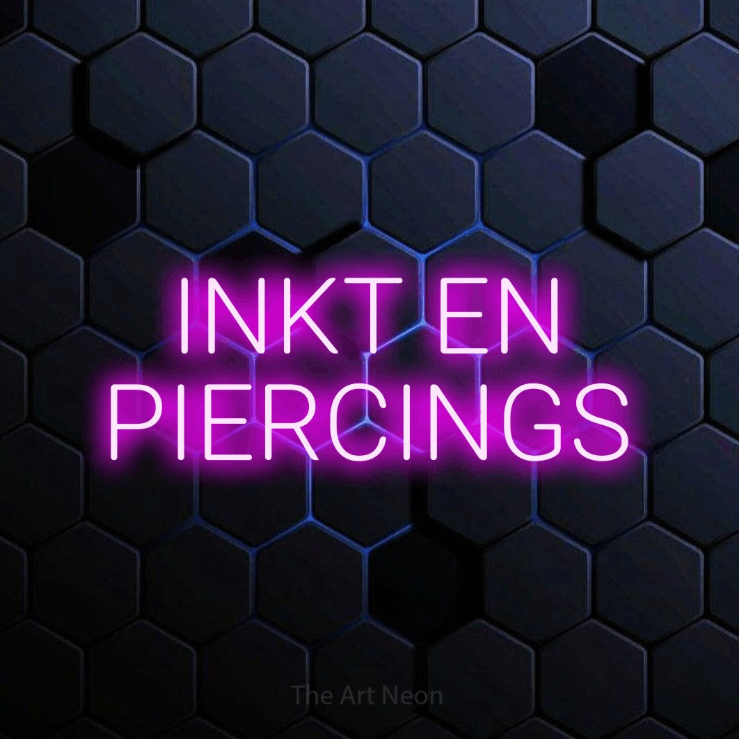 LED neon sign reading “INKT EN PIERCINGS”, arranged in 2 lines.