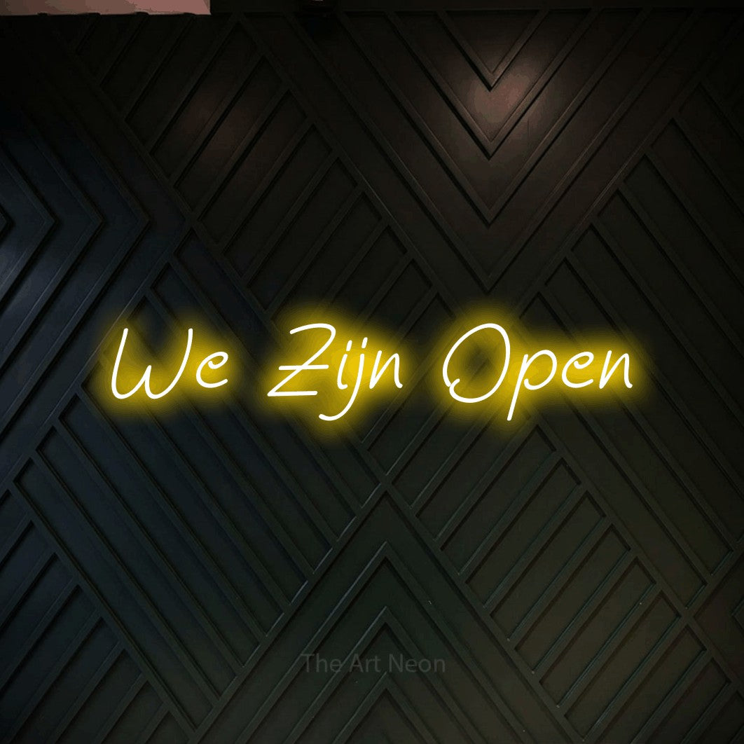 LED neon sign reading “We Zijn Open”, arranged in a single line.