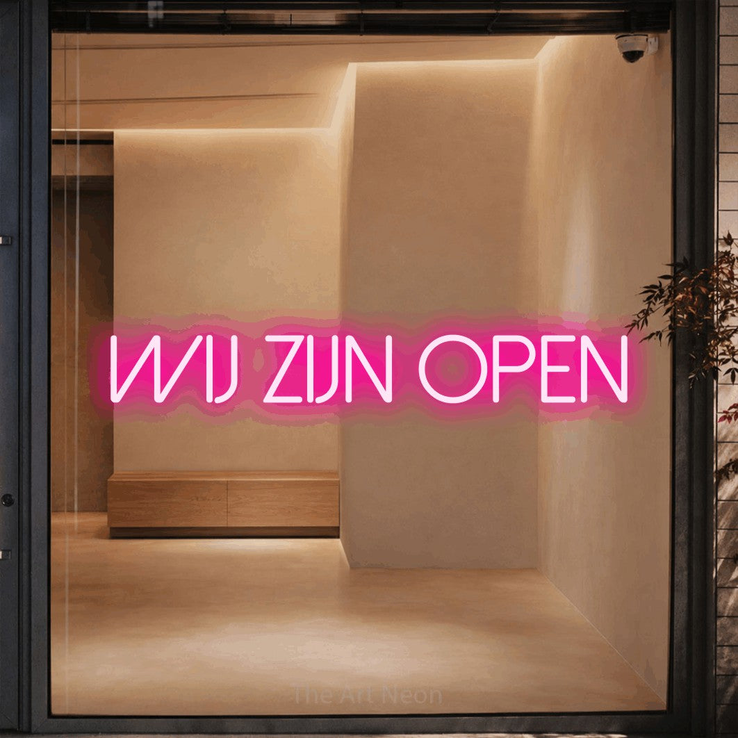 LED neon sign reading “wij zijn open”, arranged in a single line.