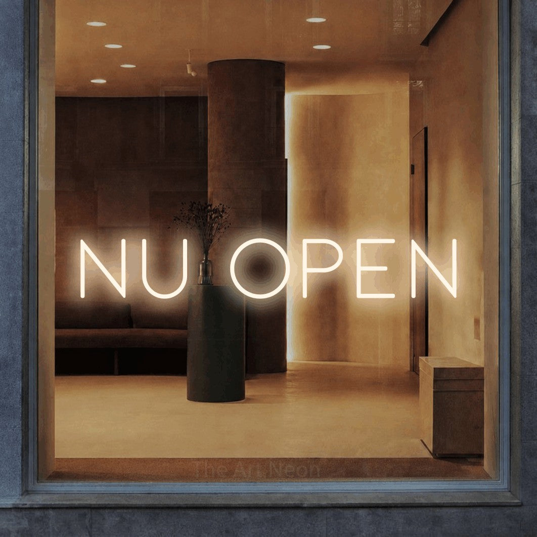 LED neon sign reading “NU open”, arranged in a single line.