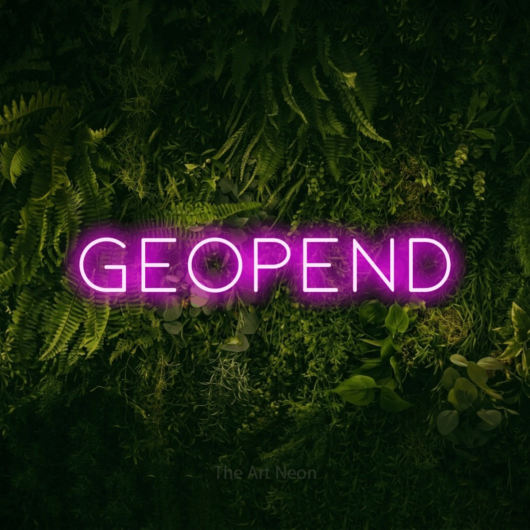 LED neon sign reading “Geopend”, arranged in a single line.