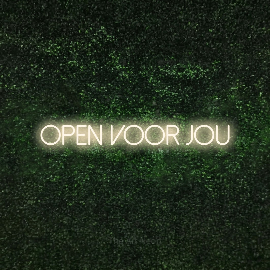 LED neon sign reading “Open Voor Jou”, arranged in a single line.