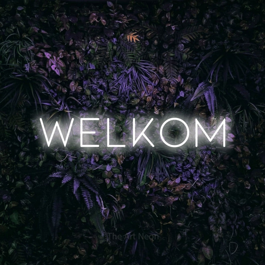 LED neon sign reading “welkom”, arranged in a single line.