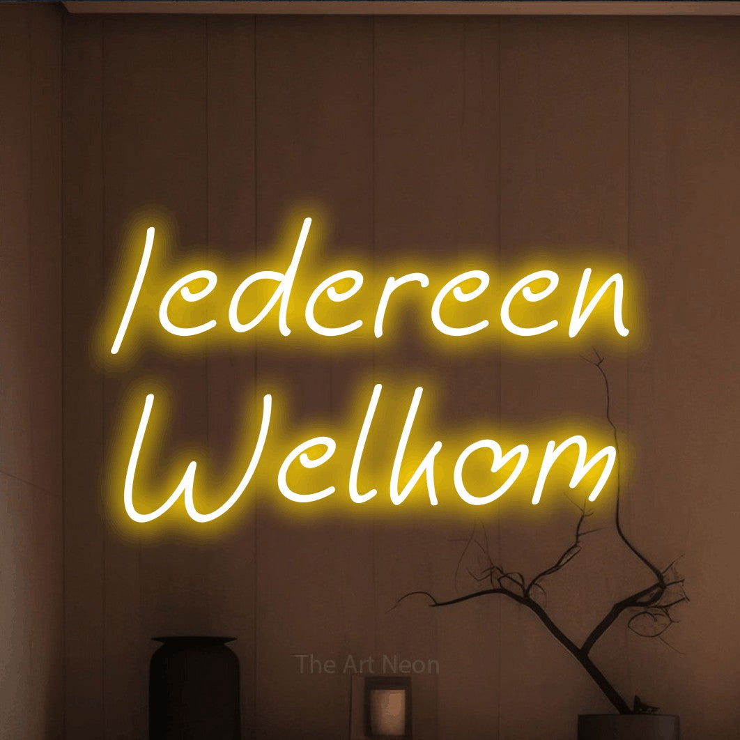 LED neon sign reading “Iedereen Welkom”, arranged in 2 lines.
