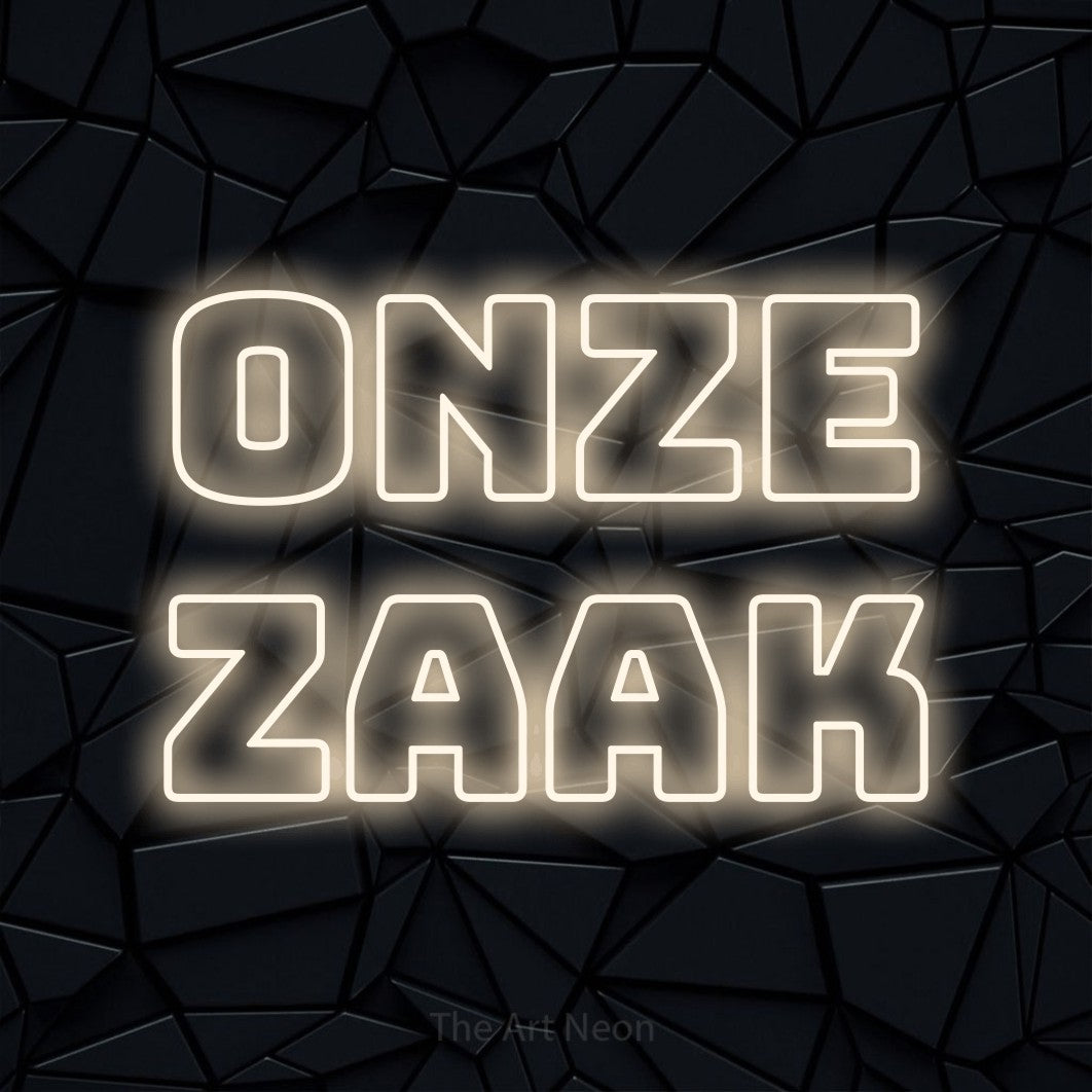 LED neon sign reading “Onze Zaak”, arranged in 2 lines.