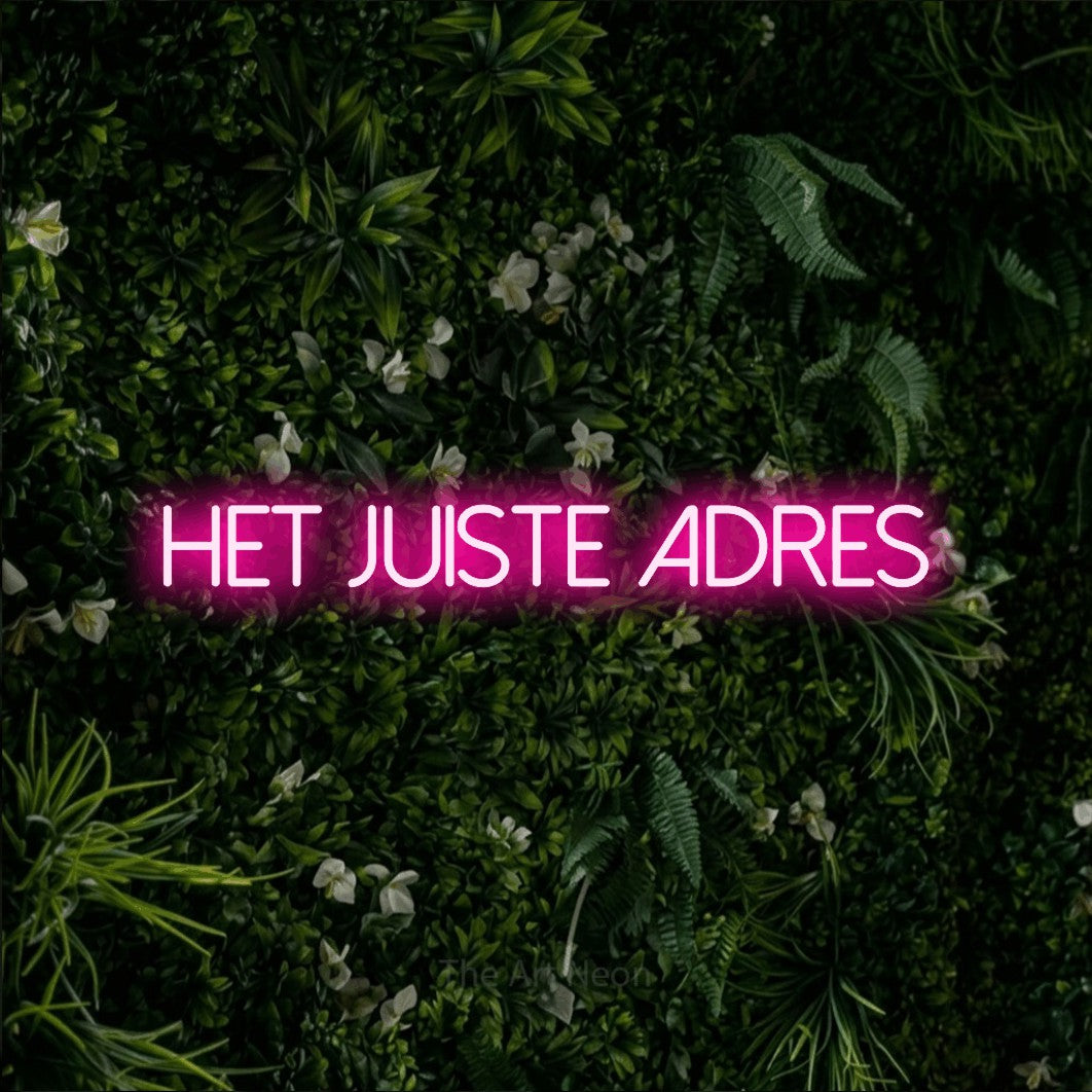 LED neon sign reading “Het Juiste Adres”, arranged in a single line.