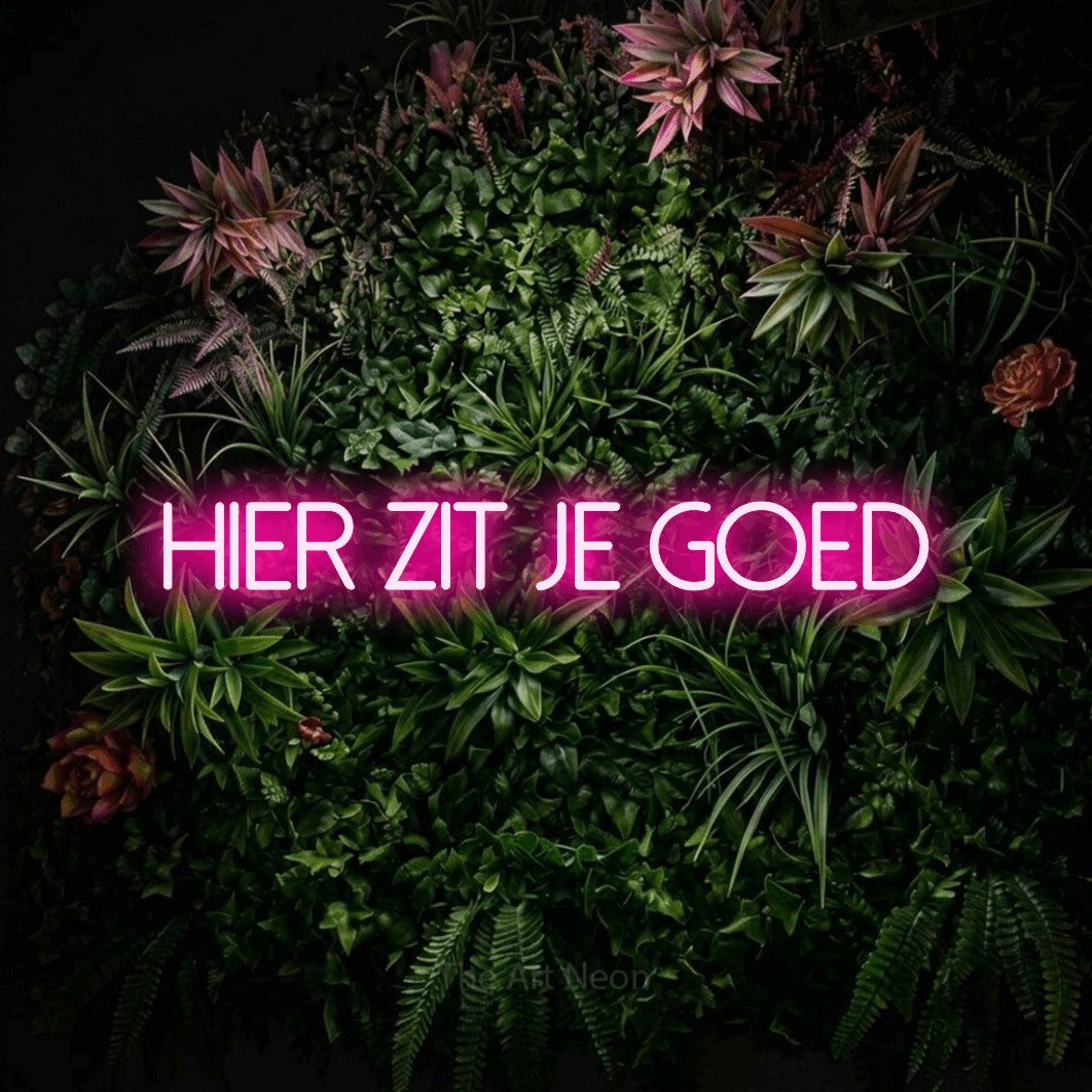 LED neon sign reading “hier zit je goed”, arranged in a single line.