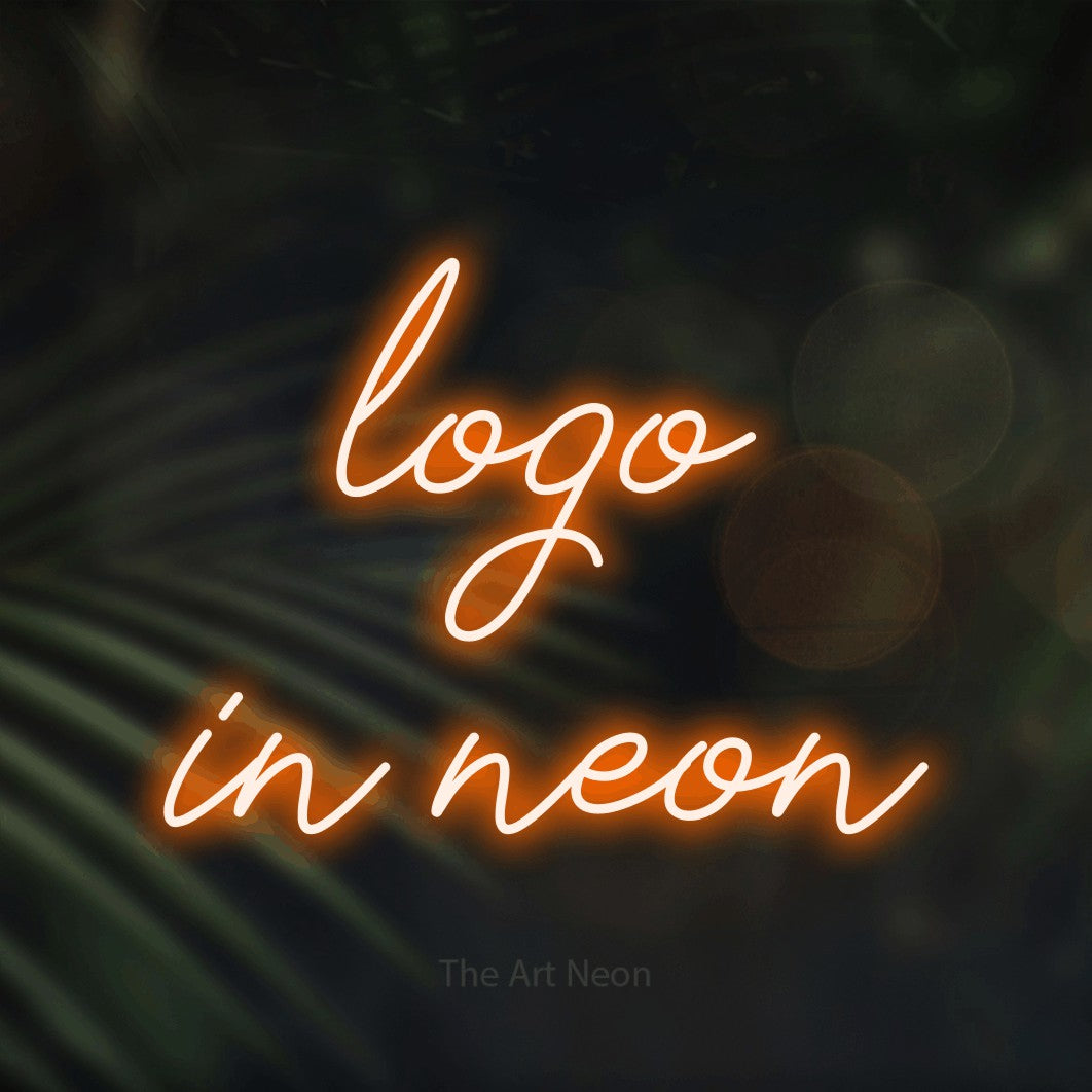 LED neon sign reading “logo in neon”, arranged in 2 lines.