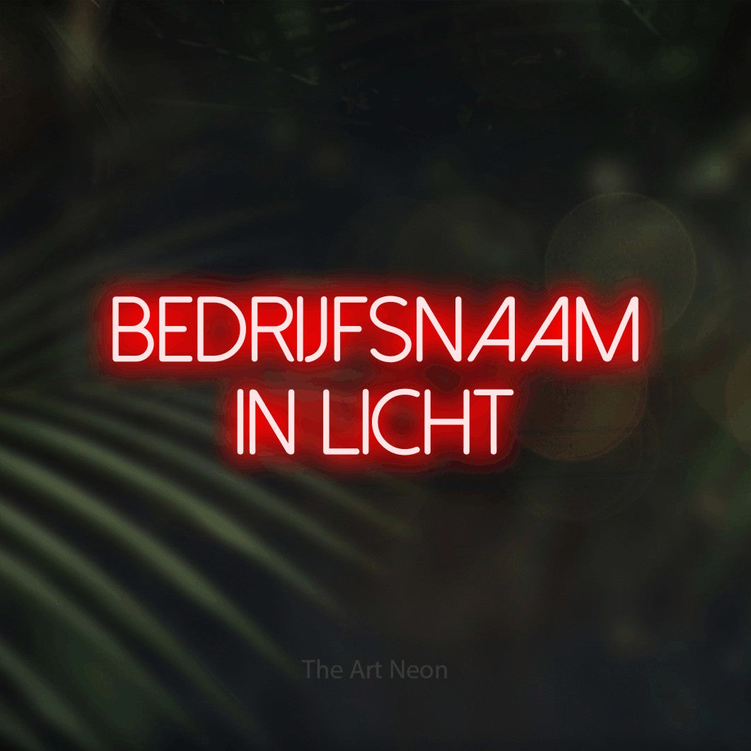 LED neon sign reading “BEDRIJFSNAAM in licht”, arranged in 2 lines.