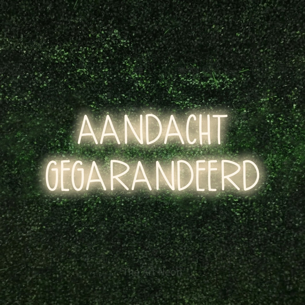 LED neon sign reading “AANDACHT GEGARANDEERD”, arranged in 2 lines.