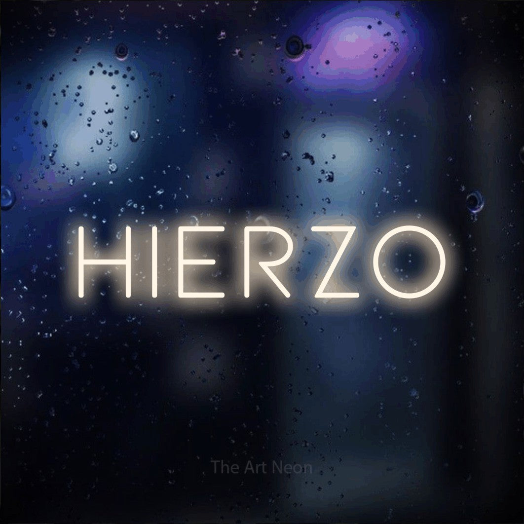 LED neon sign reading “HIERZO”, arranged in a single line.