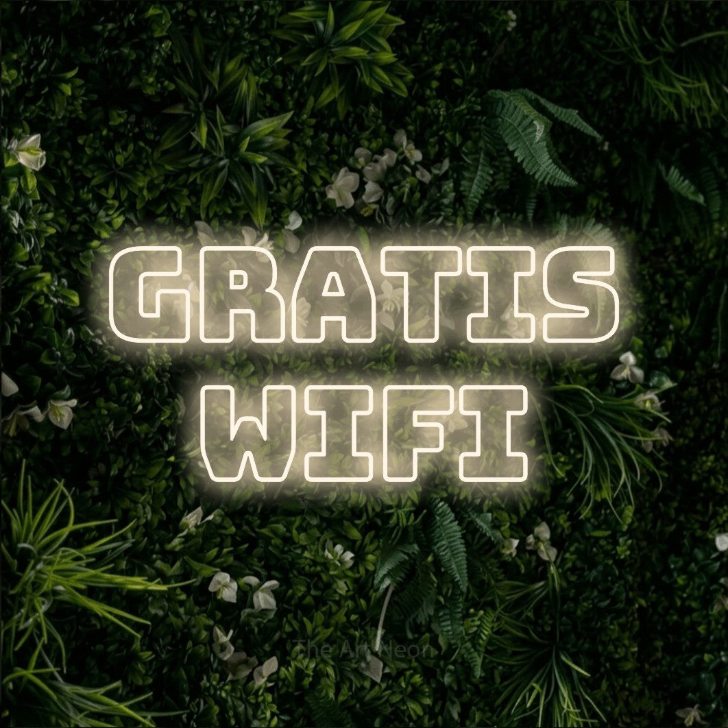 LED neon sign reading “gratis wifi”, arranged in 2 lines.