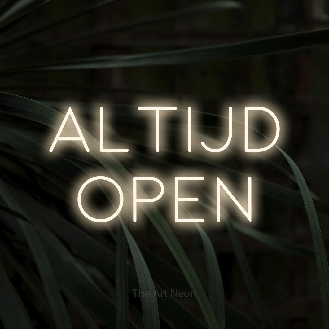 LED neon sign reading “altijd open”, arranged in 2 lines.