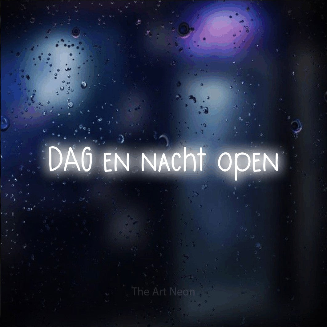 LED neon sign reading “DAG en nacht open”, arranged in a single line.