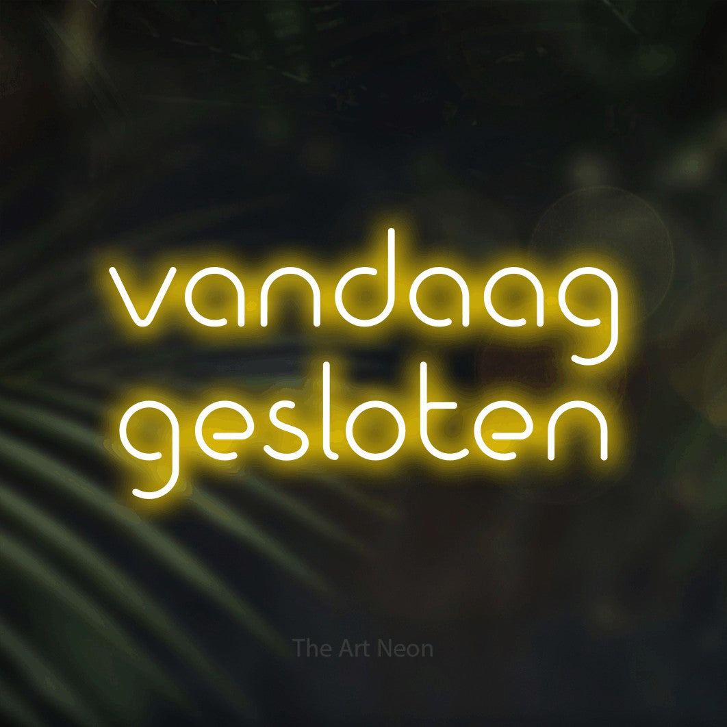 LED neon sign reading “vandaag gesloten”, arranged in 2 lines.