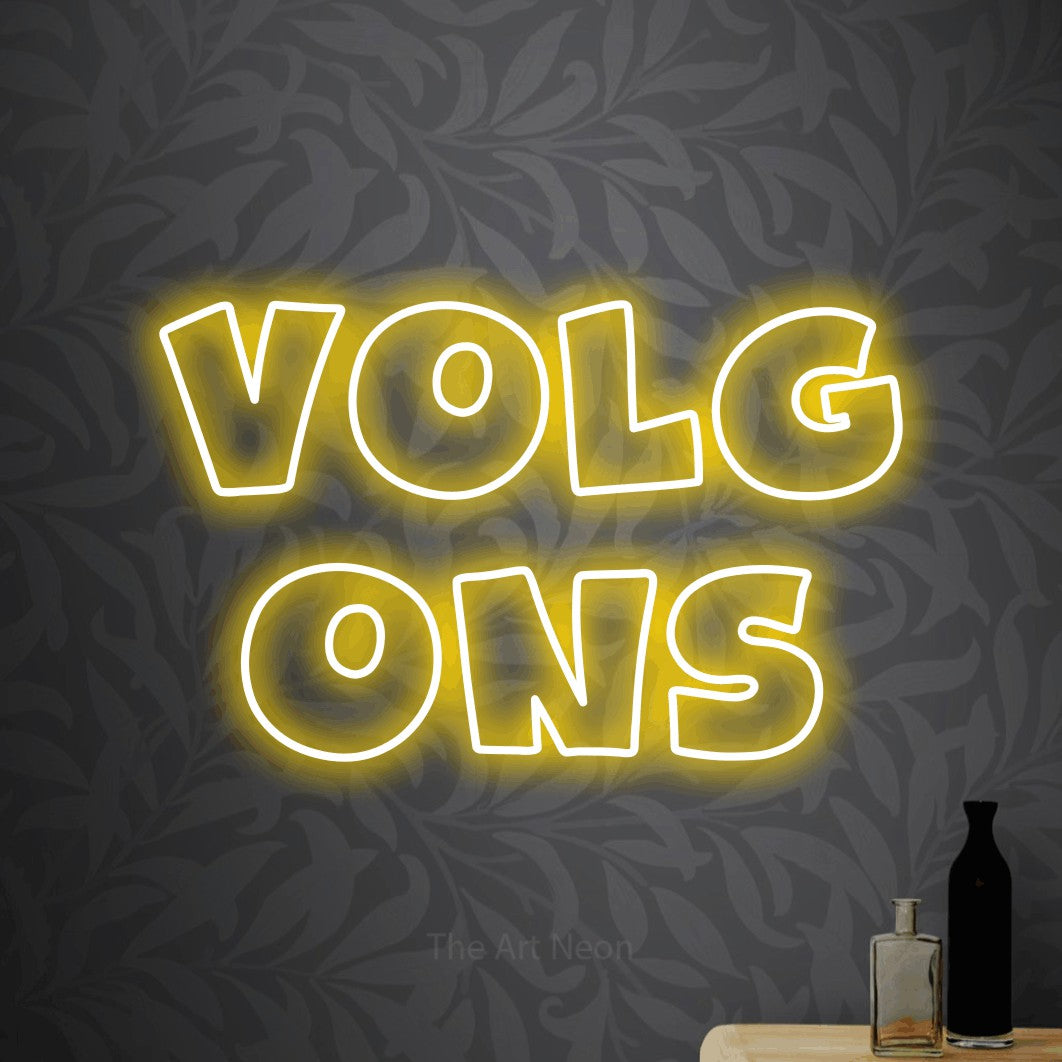 LED neon sign reading “volg ons”, arranged in 2 lines.