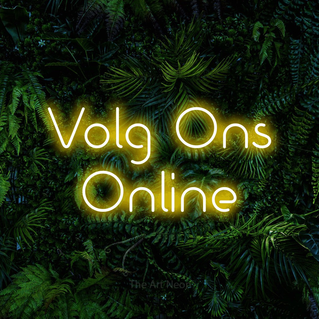 LED neon sign reading “Volg Ons Online”, arranged in 2 lines.
