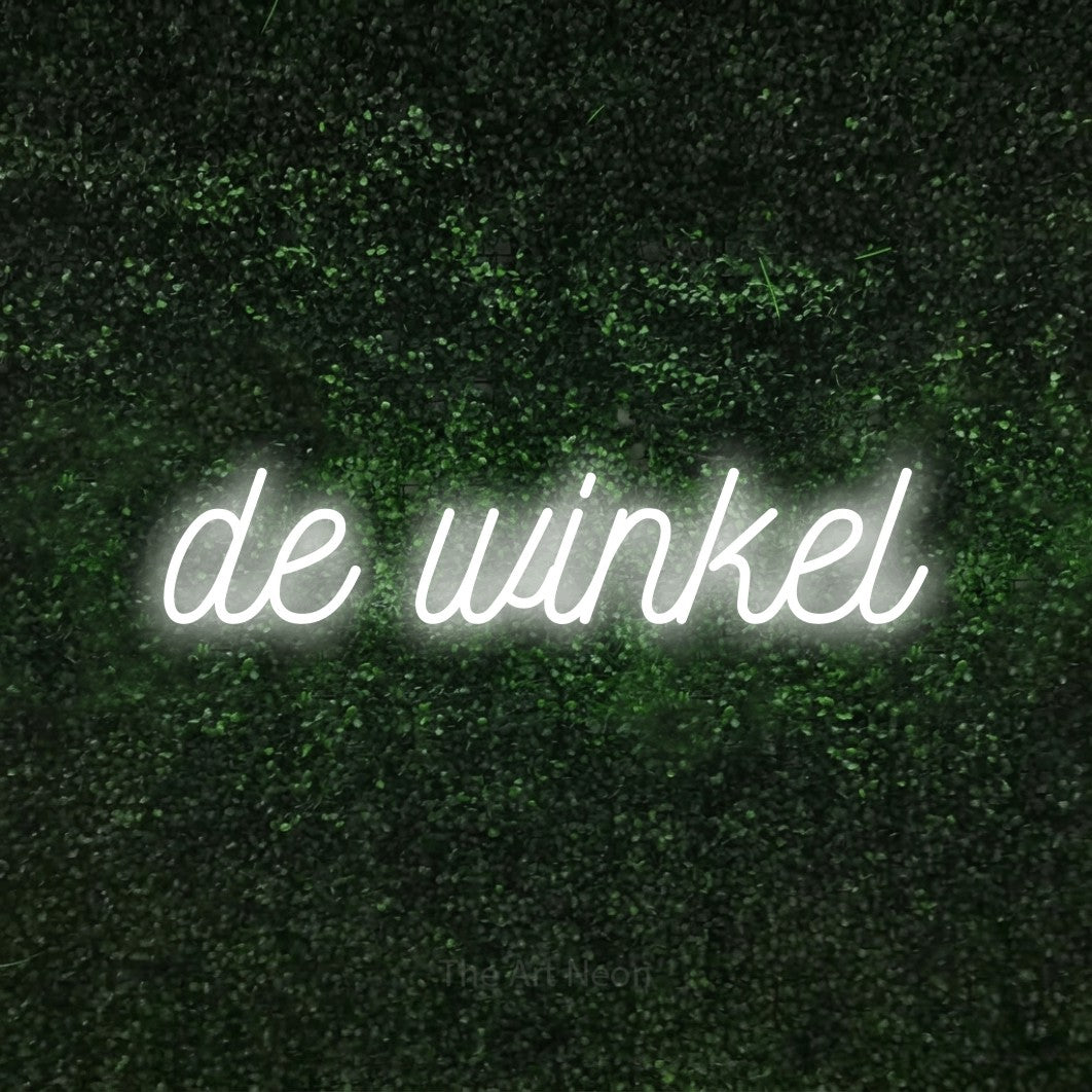 LED neon sign reading “de winkel”, arranged in a single line.