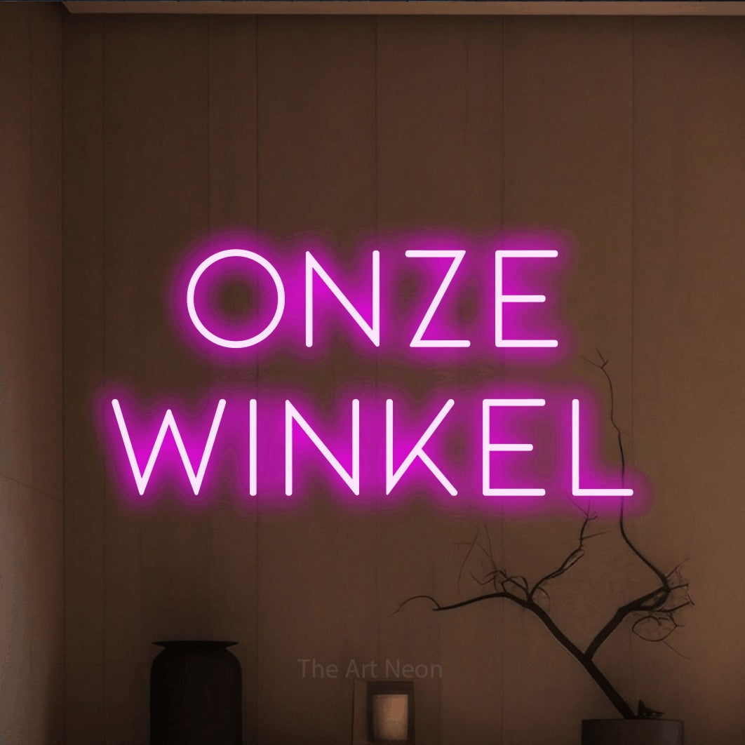 LED neon sign reading “Onze Winkel”, arranged in 2 lines.