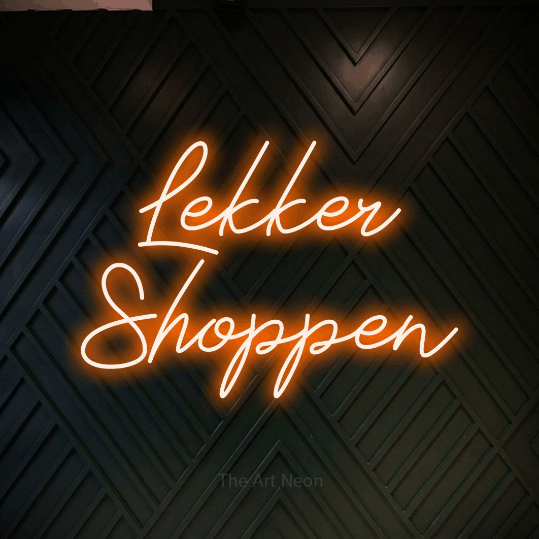 LED neon sign reading “Lekker Shoppen”, arranged in 2 lines.