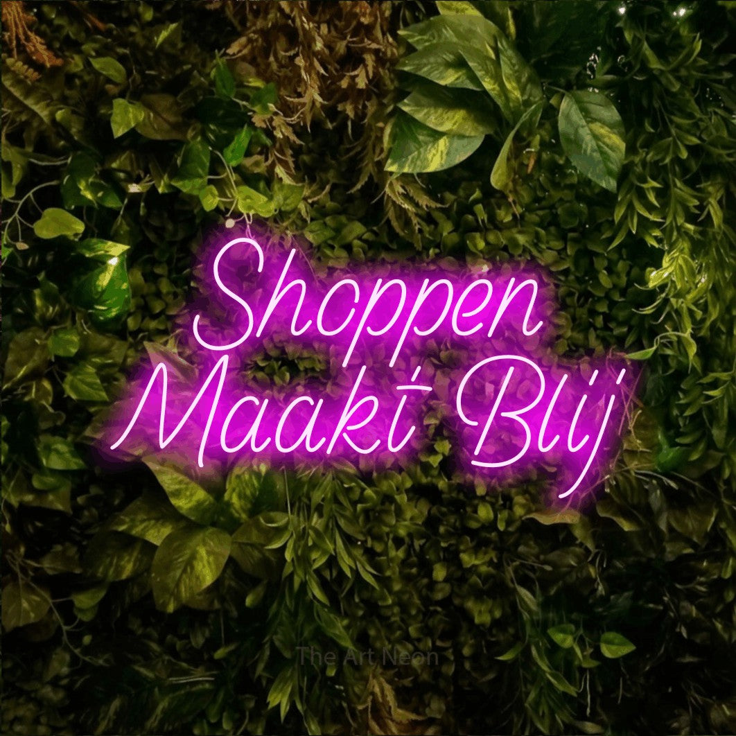 LED neon sign reading “Shoppen Maakt Blij”, arranged in 2 lines.