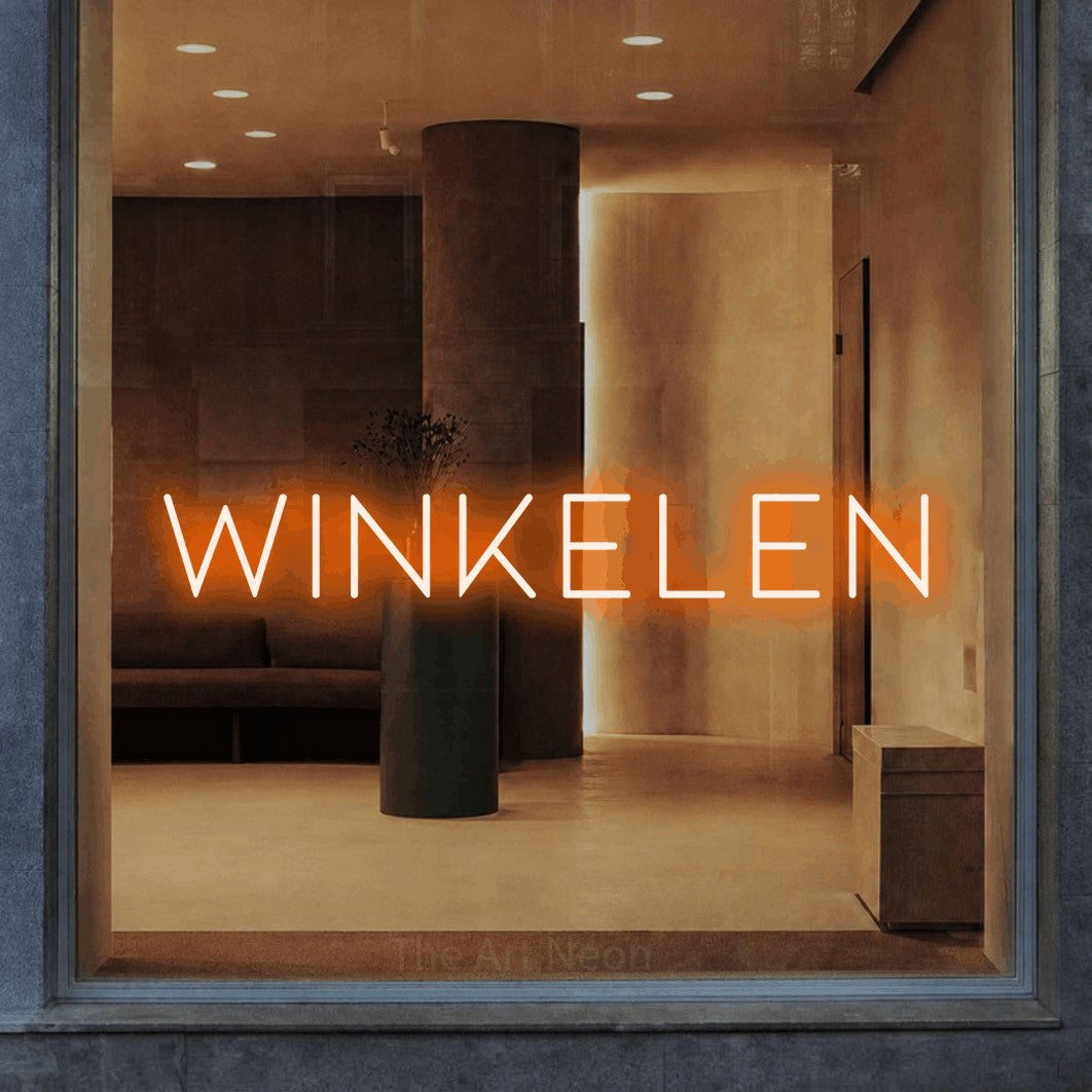 LED neon sign reading “WINKELEN”, arranged in a single line.