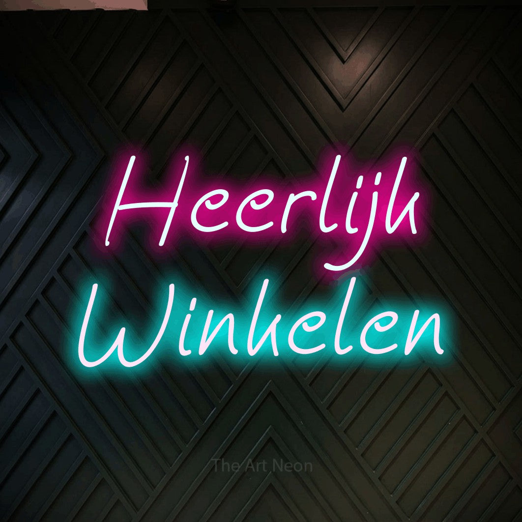 LED neon sign reading “Heerlijk Winkelen”, arranged in 2 lines.