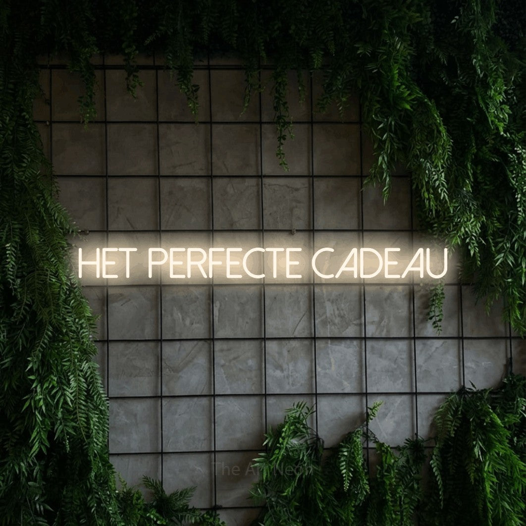 LED neon sign reading “HET PERFECTE CADEAU”, arranged in a single line.