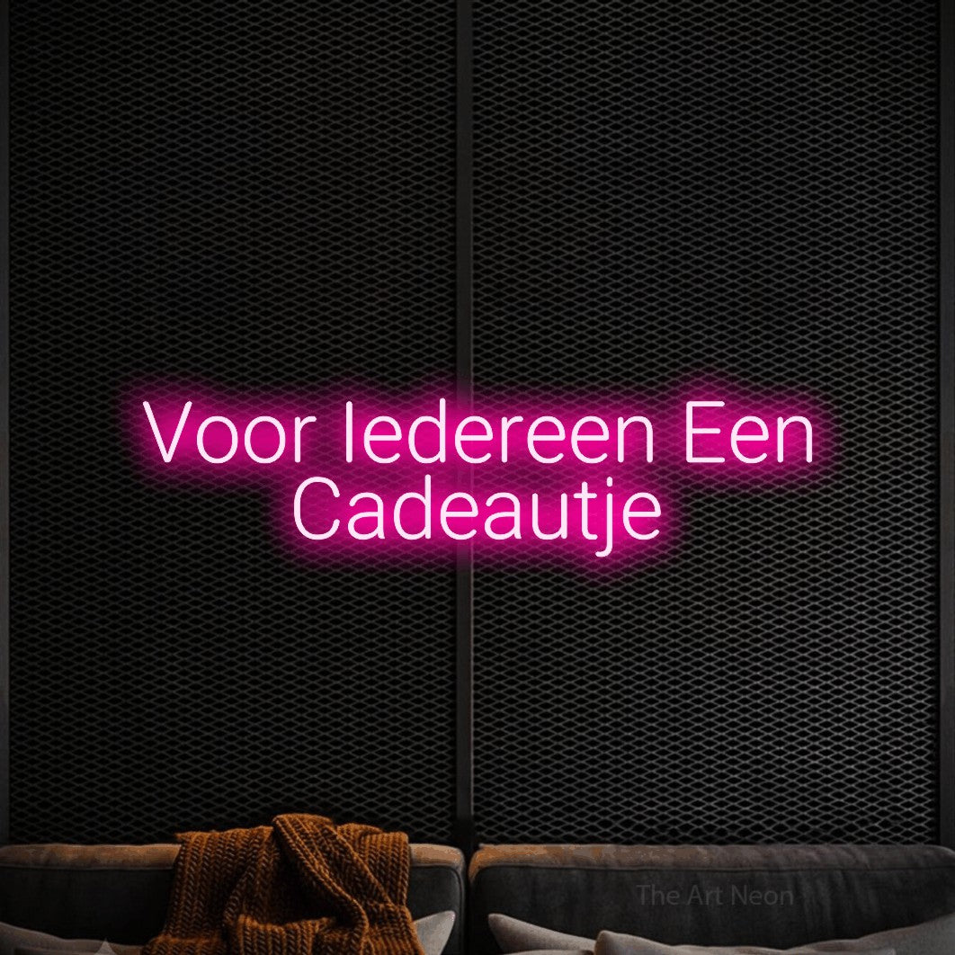 LED neon sign reading “Voor Iedereen Een Cadeautje”, arranged in 2 lines.