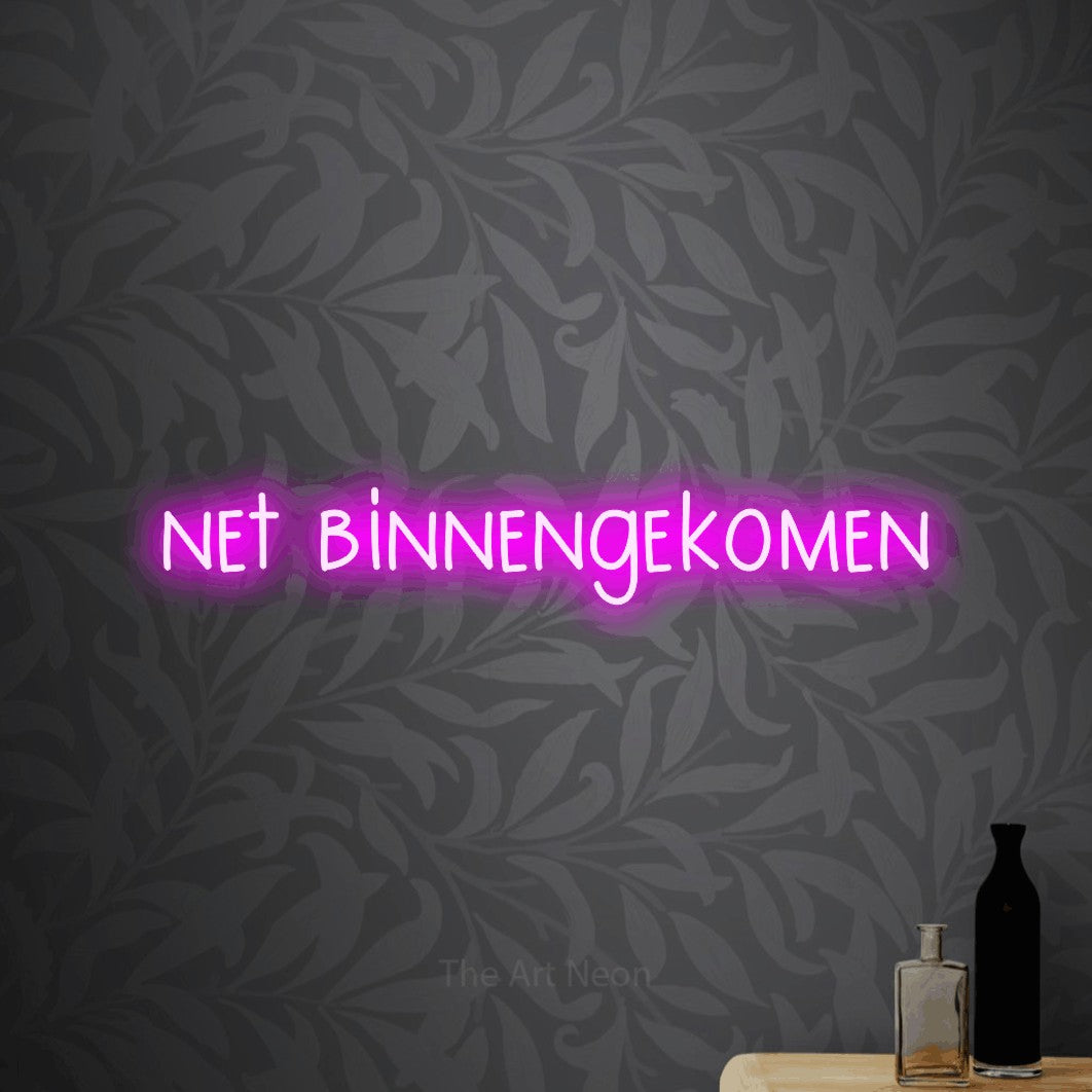 LED neon sign reading “net binnengekomen”, arranged in a single line.