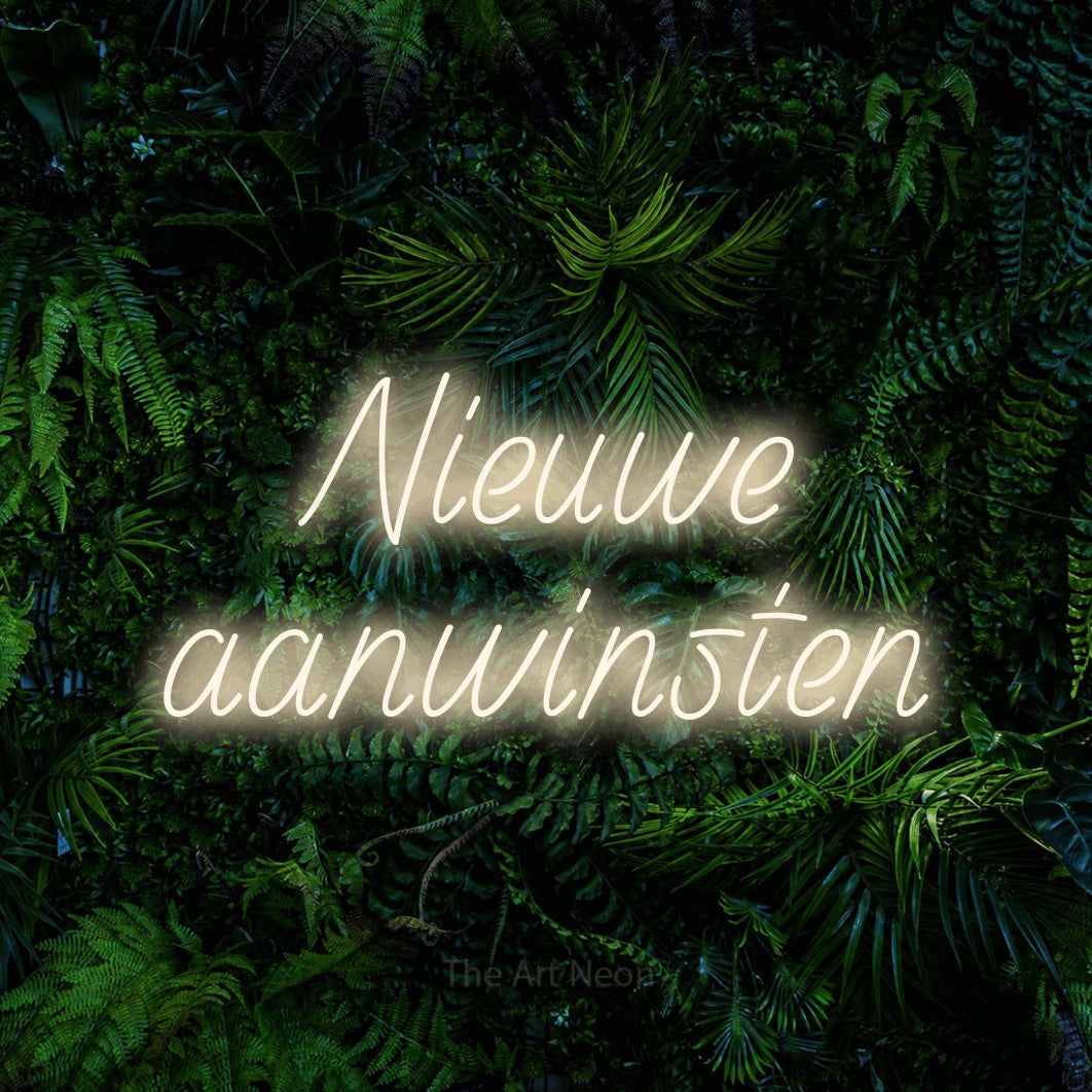 LED neon sign reading “Nieuwe aanwinsten”, arranged in 2 lines.