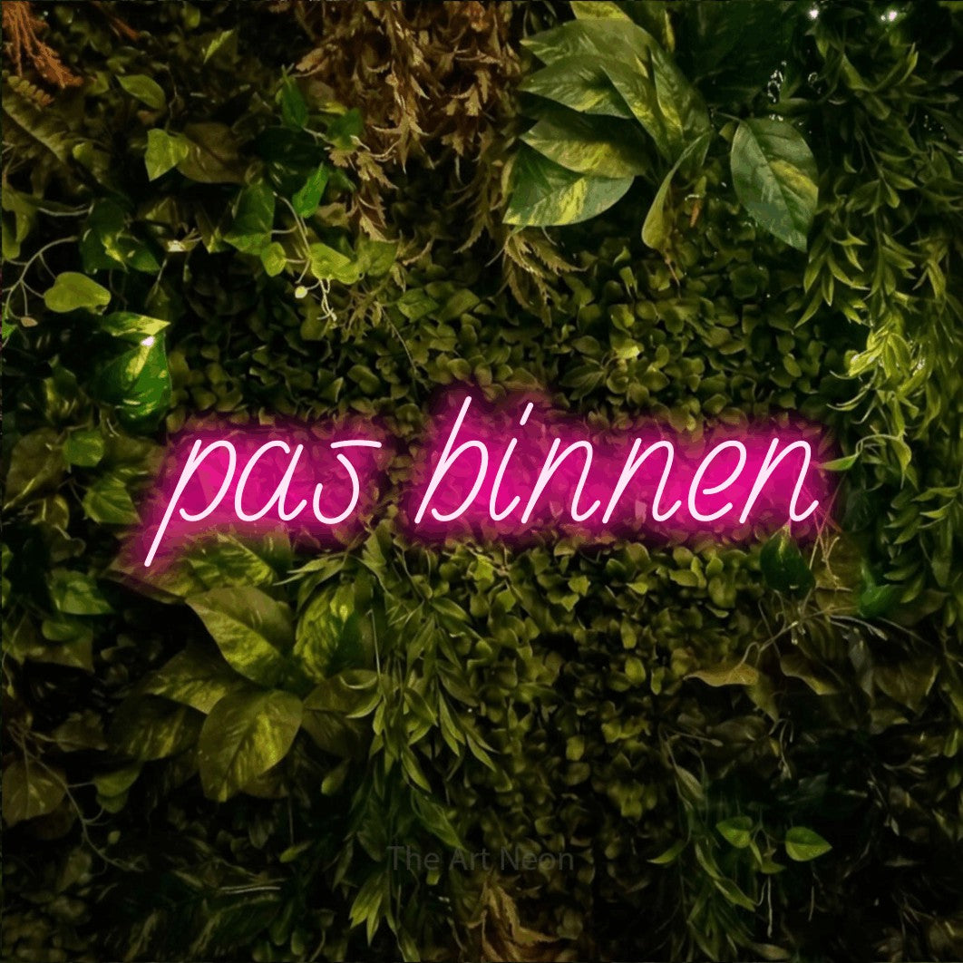 LED neon sign reading “pas binnen”, arranged in a single line.