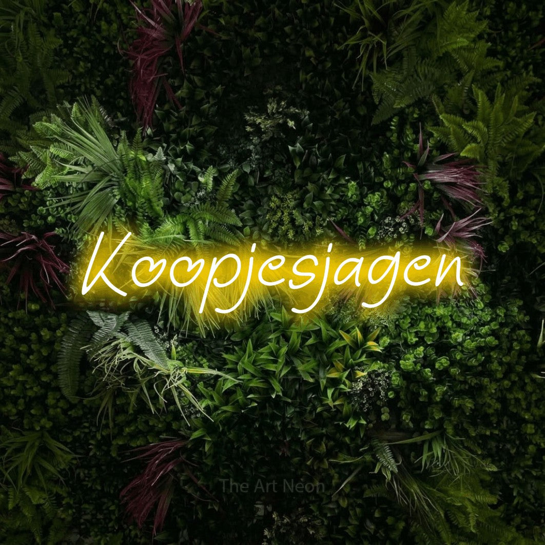 LED neon sign reading “Koopjesjagen”, arranged in a single line.