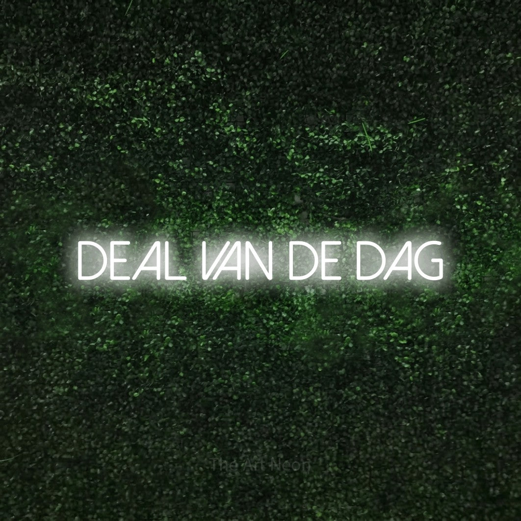 LED neon sign reading “DEAL VAN DE DAG”, arranged in a single line.