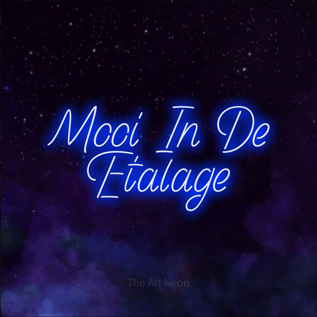 LED neon sign reading “Mooi In De Etalage”, arranged in 2 lines.