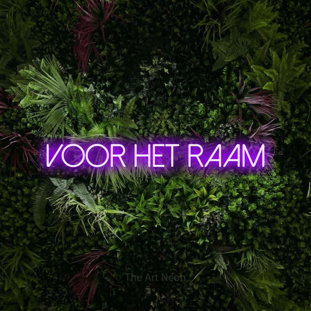 LED neon sign reading “voor het raam”, arranged in a single line.